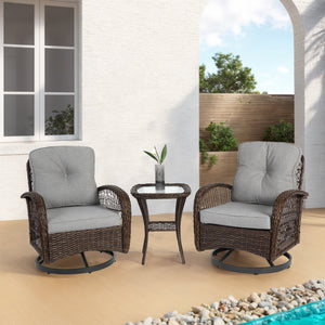 English Elm 3 Outdoor Swivel Rocker Patio Chairs Set with 360° Spin, Rocking Comfort, Tempered Glass Table, Durable Steel Frame and Plush Cushions Grey W640P263665