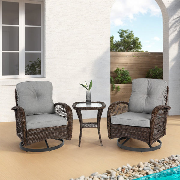 English Elm 3 Outdoor Swivel Rocker Patio Chairs Set with 360° Spin, Rocking Comfort, Tempered Glass Table, Durable Steel Frame and Plush Cushions Grey W640P263665