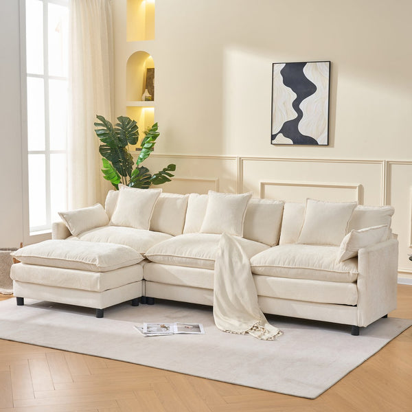 English Elm 108" L-shaped Chenille Cloud Sectional Deep Seat Sofa with Ottoman for Living Rooms Beige W3244S00003