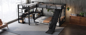 English Elm L-shaped Metal Triple Bunk Bed with Slide Desk Shelves and Usb Charging Black W1580S00569