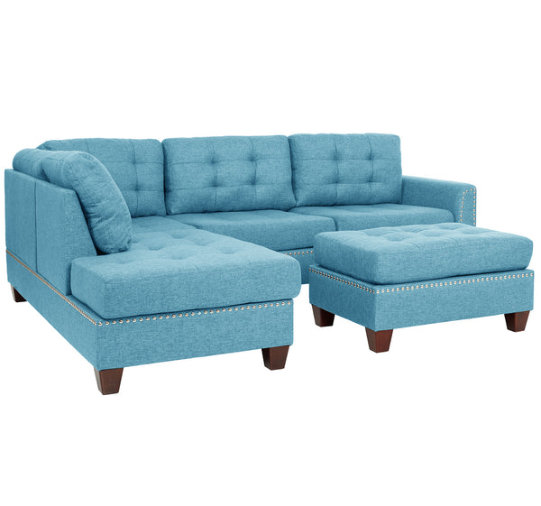 English Elm 3 Piece Reversible Sectional Sofa Set with Ottoman, Tufted Linen-Look Cushions and Nailhead Trim, Versatile Comfort for Living Rooms Aqua 25 L x 40 W x 9 H B089S00175