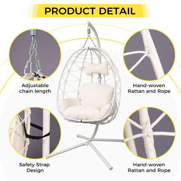 English Elm Hanging Egg Chair with Stand Pe Wicker Ergonomic Swing Seat for Patio or Bedroom T5880P497557