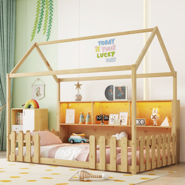 English Elm Twin House Bed with LED Light and Built-In Bookshelf, Solid Wood Playhouse Design for Kids Safety Natural 78.15 L x 15.75 W x 6.1 H W2593P269092