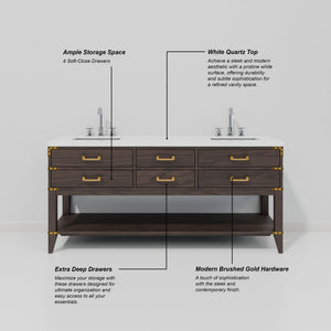 English Elm Brown Oak Double Bath Vanity Set With White Quartz Top, Faucets & Mirrors – Elegant Storage Solution B2731S01897