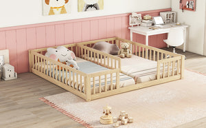 English Elm Double Twin Floor Bed With Safety Guardrails - Scandinavian Style, Durable Pine, Easy Assembly W504P143287