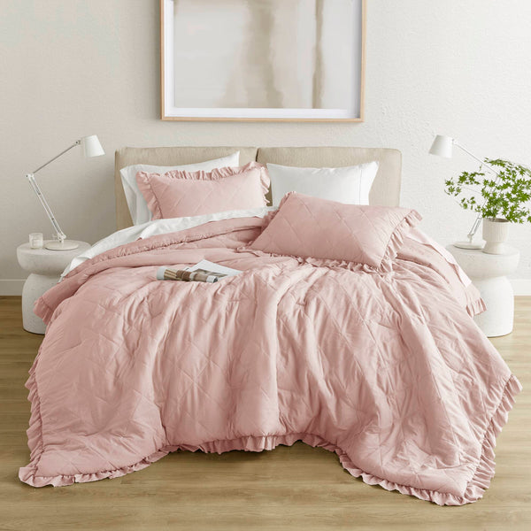 English Elm 7-piece Queen Tufted Pleated Comforter Set with Shams Bed Skirt Decorative Pillows B035P463224