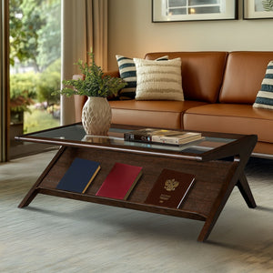JLA Home INK+IVY - wood Rocket mid-century coffee table with tempered glass top, angled base & lower shelf storage — warm finish, sleek style II120-0608
