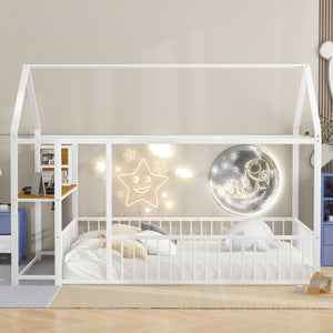 English Elm Full Size Metal House Bed Frame with Desk, Shelves, USB Power Ports & Playful Roof for Kids Room Delight White N737P173491K