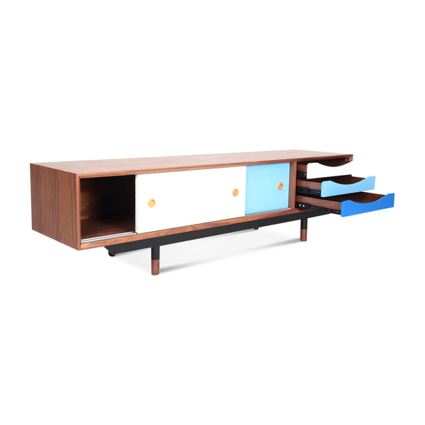 English Elm Finn Finn Juhl 1955 TV Cabinet Blue Walnut – Solid Wood MDF, Black Stainless Legs, Lacquered Drawers, 63” L x 20” W x 9” H B353S00002