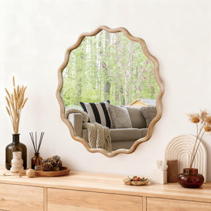 English Elm Natural Wood 30in Wavy Round Solid Wood Frame Decorative Mirror – Rustic Elegant Boho Vanity Accent W2203P389072