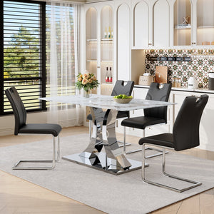 English Elm Switchable Base Glass Top Dining Set with Four U-shaped Armchairs for Modern Spaces W2920S00083