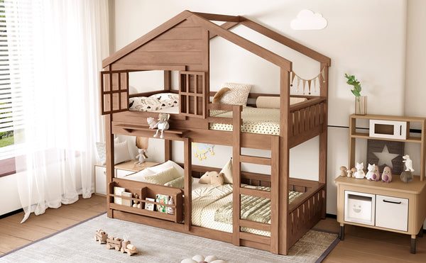 English Elm Full Bunk Bed with Trundle Bookshelf Storage Pine Frame Car Design for Kids W1580S00521