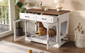 English Elm 43.3" Farmhouse Mdf Dog Crate Console with Drawers and Rotating Bowls for Large Breeds N704P414580A