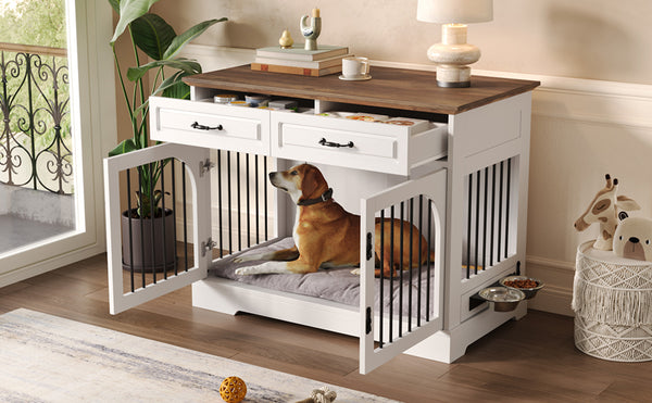 English Elm 43.3" Farmhouse Mdf Dog Crate Console with Drawers and Rotating Bowls for Large Breeds N704P414580A