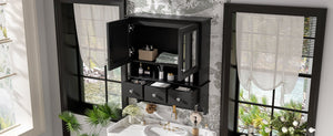 English Elm 4-in-1 Wall Mounted Bathroom Cabinet with Mirror Drawers and Towel Hooks Vanity Black N710P405416B