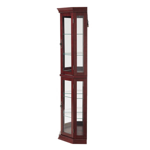 English Elm Corner Curio Cabinet with Lighted Top, Mirrored Back, Tempered Glass Shelves, Walnut Finish Elegance Cherry W1693P165015