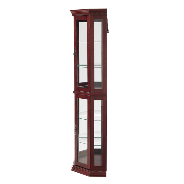 English Elm Corner Curio Cabinet with Lighted Top, Mirrored Back, Tempered Glass Shelves, Walnut Finish Elegance Cherry W1693P165015