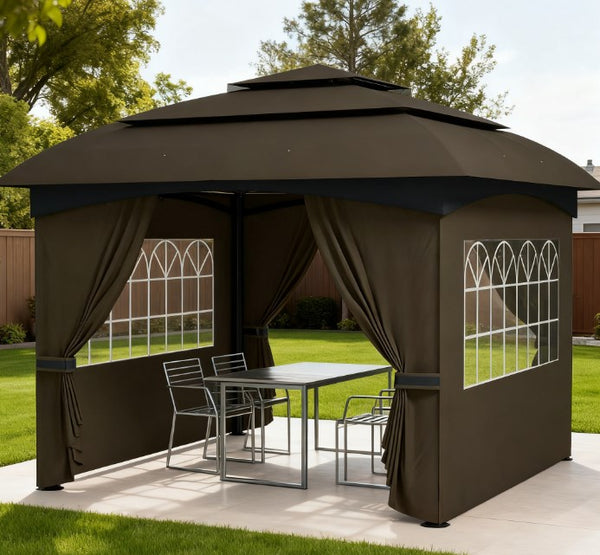 English Elm Double Tier Outdoor Gazebo with Arched Windows Steel Frame and Uv Resistant Polyester Canopy Dark Gray T3971P426847