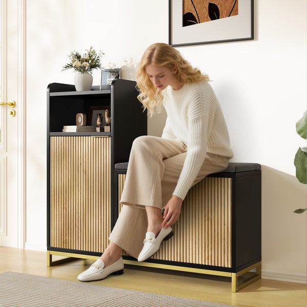 English Elm Vividwood Corner Entryway Bench with Shoe Storage Shelves and Washable Cushion Seat T5618P505966