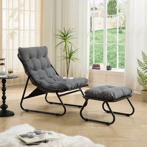 English Elm Patio Sling Recliner with Ottoman Steel Frame Corduroy Cushion Modern Lounge Chair W640P443413