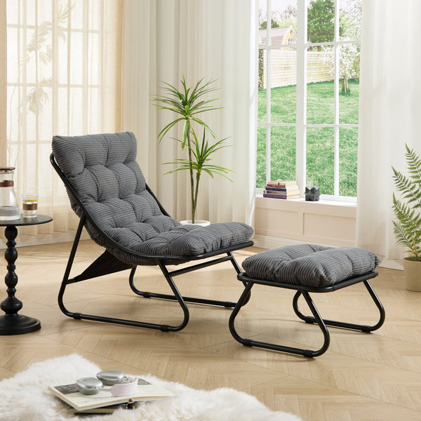 English Elm Patio Sling Recliner with Ottoman Steel Frame Corduroy Cushion Modern Lounge Chair W640P443413