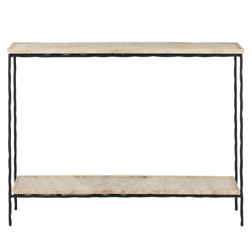 Boyles Modern Travertine Console Table with Unique Textured Tray Top and Durable Iron Base