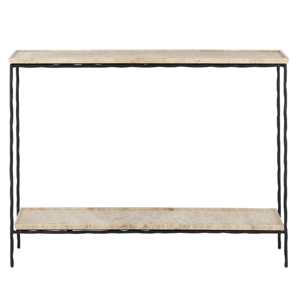 Boyles Modern Travertine Console Table with Unique Textured Tray Top and Durable Iron Base