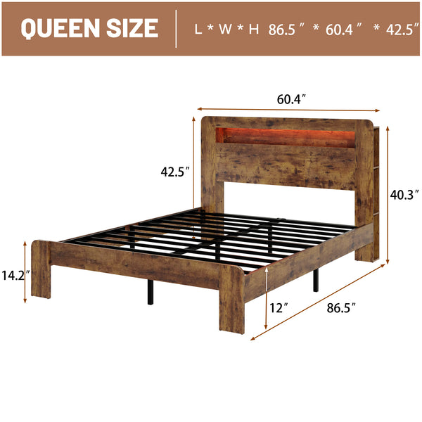 English Elm Bed Frame Queen Size - Stylish Wood Platform With Led Headboard, Usb Charging, And Storage Space W636P318036