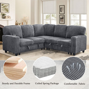 English Elm L-Shaped Sofa with Pull-Out Bed and Storage, 5-Seat Sectional with USB, Cup Holders, Cozy Chenille Grey W1998S00074