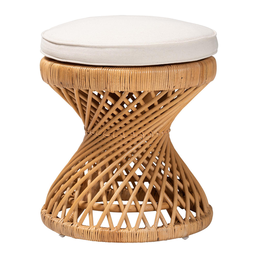 English Elm Bohemian Rattan Footstool with Hourglass Base Open Weave and Cushioned Seat B2750P420411