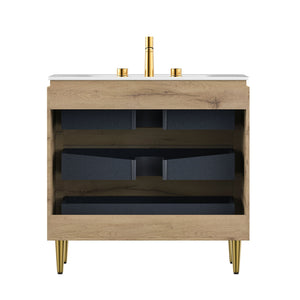 English Elm AMARA 36'' Bathroom Vanity with Integrated Sintered Stone Basin, Preassembled Plywood Cabinet, LED Motion Sensor Storage Carrara White,White Oak W2615P346336