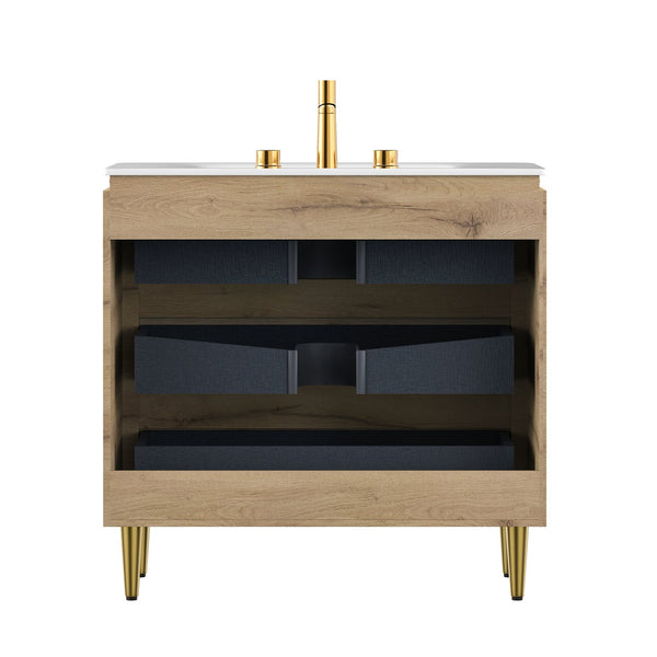 English Elm AMARA 36'' Bathroom Vanity with Integrated Sintered Stone Basin, Preassembled Plywood Cabinet, LED Motion Sensor Storage Carrara White,White Oak W2615P346336