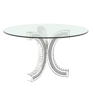 English Elm Dining Table Round Tempered Glass Top Mirrored Crushed Diamond Pedestal Glam Luxury W3836S00002