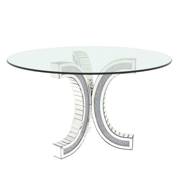 English Elm Dining Table Round Tempered Glass Top Mirrored Crushed Diamond Pedestal Glam Luxury W3836S00002