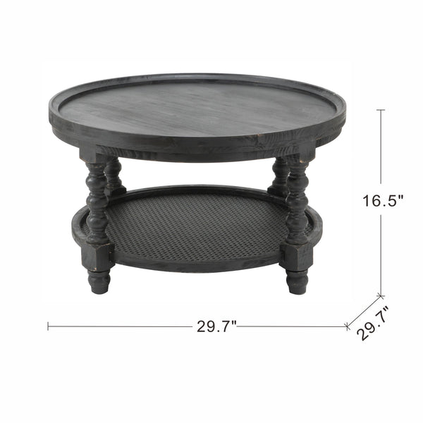 English Elm D29.7" Round Two-tier Side Table Wicker Cane Shelf Turned Legs Artisan Living Room Black W2078P155915