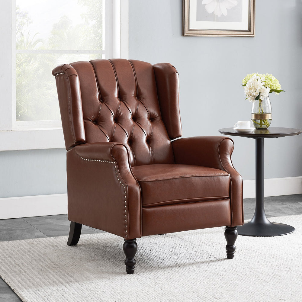 English Elm Christopher Knight Home® - RECLINER Light Brown PU Upholstered Wingback with Button-Tufted Diamond Stitch & Nailhead Trim 56992.00PUCOGN