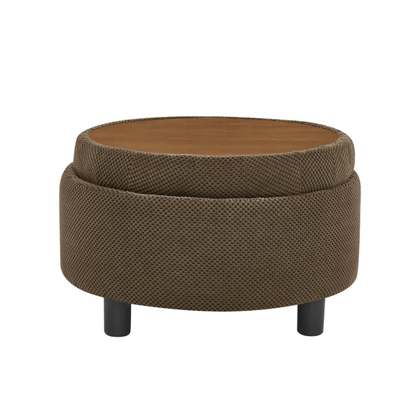 English Elm 25 Inch Round Fabric Pouf Ottoman with Removable Wooden Lid and Hidden Interior Storage Coffee W5568P461367