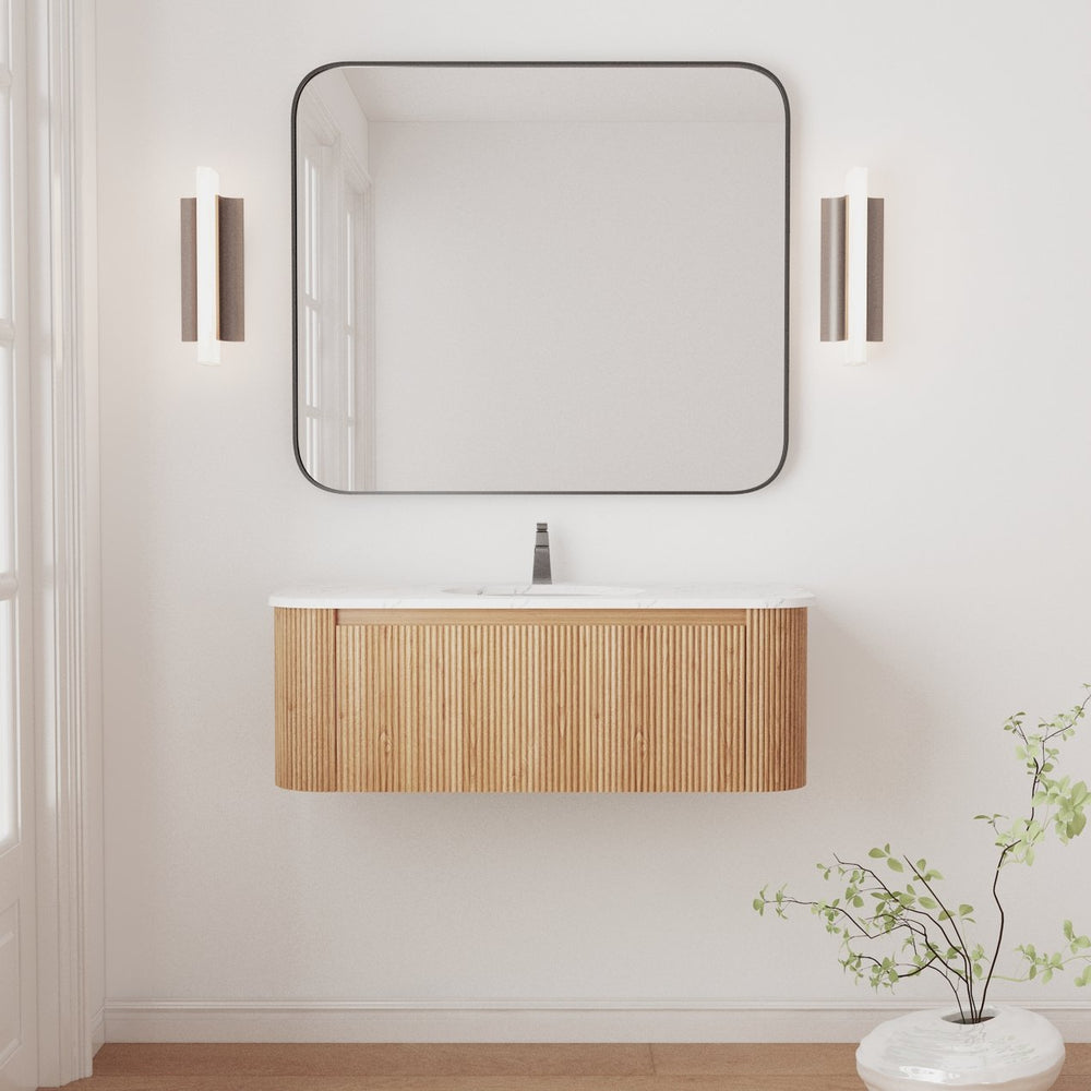 English Elm Arcora Floating Wall Vanity with Carrara Marble Top Ceramic Sink and Soft Close Drawer W3235S00009
