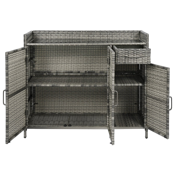 English Elm K&k Outdoor Wicker Bar Cabinet with Tempered Glass Top Adjustable Shelving and Drawer Grey N707P233745G