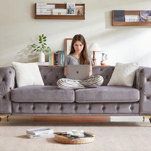 English Elm FX Velvet Chesterfield Sofa 82.5" Deluxe Tufted Design with 2 Pillows, Metal Legs, 750lb Capacity Grey W1926S00071