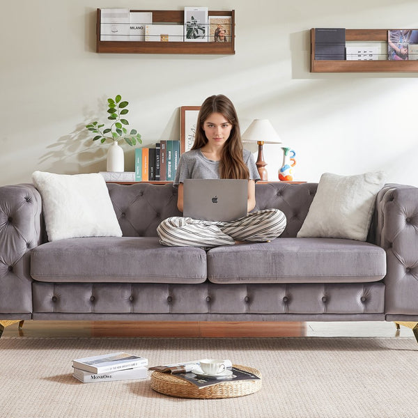 English Elm FX Velvet Chesterfield Sofa 82.5" Deluxe Tufted Design with 2 Pillows, Metal Legs, 750lb Capacity Grey W1926S00071