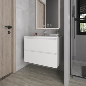 English Elm White Floating Vanity Wall-Mounted with Two Deep Drawers and Integrated Sink — Bright Sleek Modern Storage B062P355537