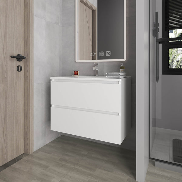 English Elm White Floating Vanity Wall-Mounted with Two Deep Drawers and Integrated Sink — Bright Sleek Modern Storage B062P355537