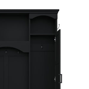 English Elm On-trend Farmhouse Hall Tree with Dual Cabinets Seven Hooks and Arched Entryway Storage Black N721S000078B