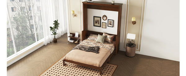 English Elm Queen Murphy Wall Bed with Integrated Desk Gas Strut Lift White Cabinet for Small Spaces Walnut W504S00226