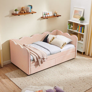 English Elm Twin Gingham Linen Daybed with Wave Silhouette Usb Port and Dual Storage Drawers Pink W1413S00142