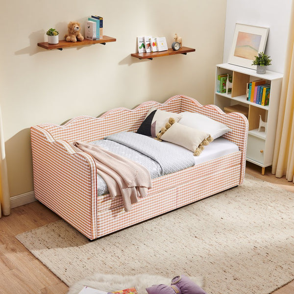 English Elm Twin Gingham Linen Daybed with Wave Silhouette Usb Port and Dual Storage Drawers Pink W1413S00142