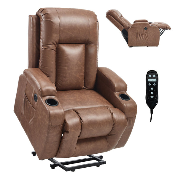English Elm Beige Pu Leather Power Lift Recliner with Massage Lumbar Heat and Usb Charging Brown W1803S00083