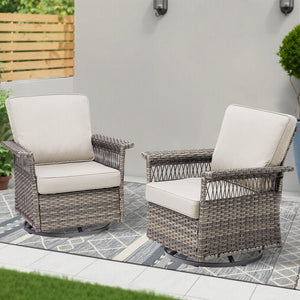 English Elm 2 Outdoor Swivel Rocker Patio Chairs High Back Deep Seat Olefin Cushions Steel Base Beige T3773P416507