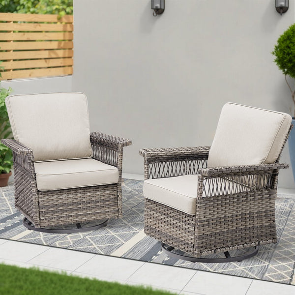 English Elm 2 Outdoor Swivel Rocker Patio Chairs High Back Deep Seat Olefin Cushions Steel Base Beige T3773P416507